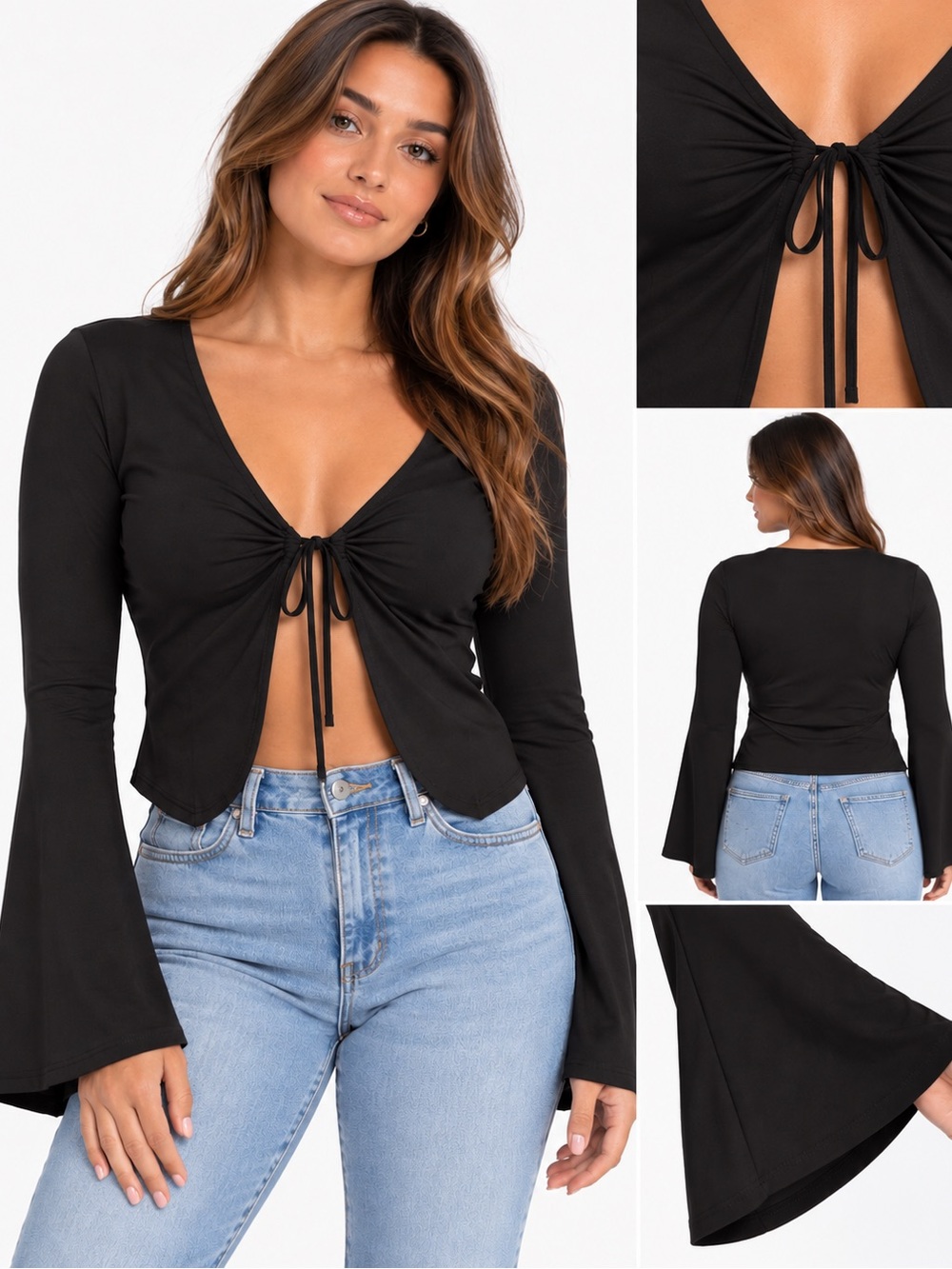 wild fable Black Long-Sleeve Tie-Front Crop Top